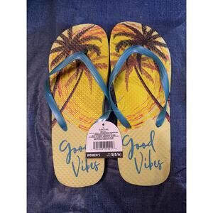 JUNCTURE "GOOD VIBES" YELLOW RUBBER FLIP-FLOPS PALM TREES WOMEN'S SIZE S 5/6 NEW
